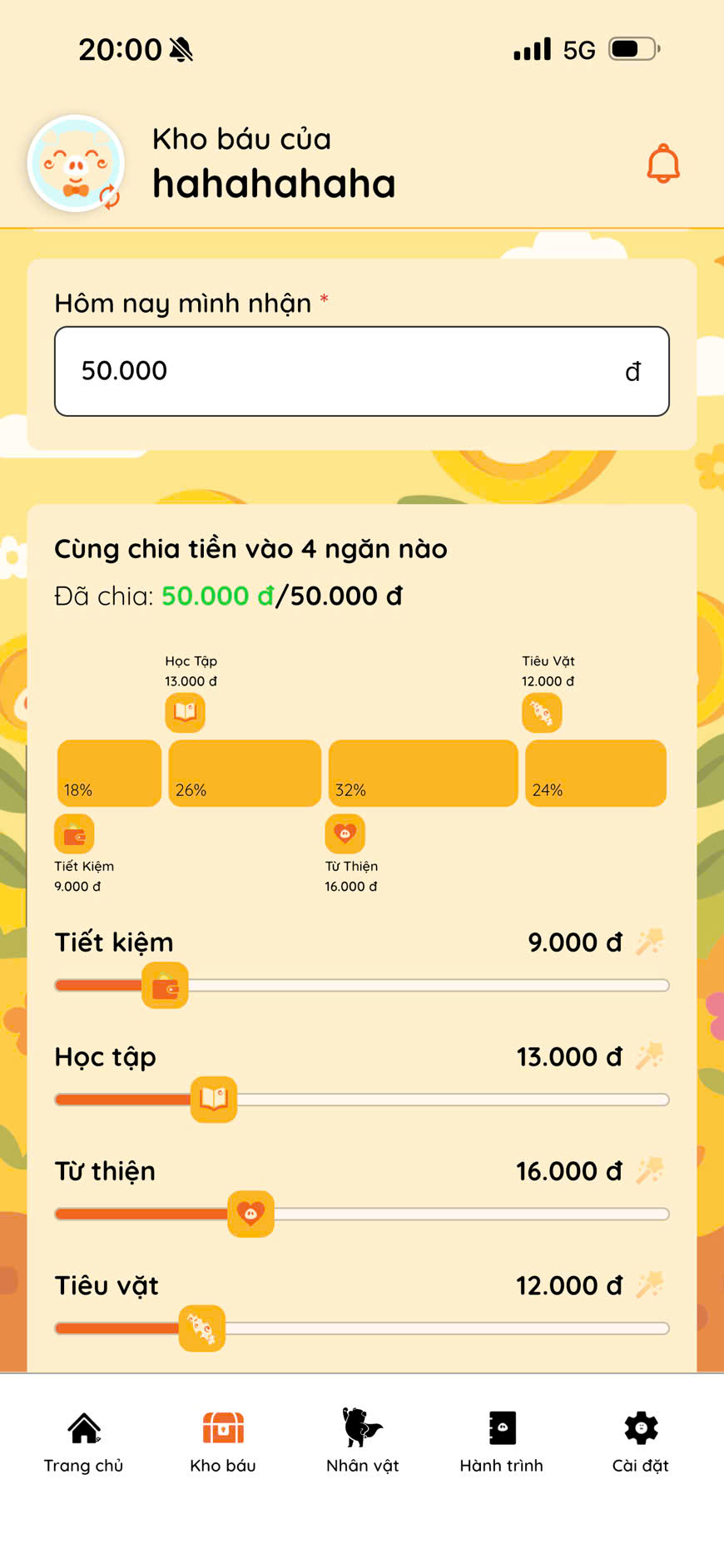 Màn chia tiền: con kéo thanh trượt từng ngăn Tiết kiệm, Học tập, Từ thiện, Tiêu vặt — tổng tự khớp 50.000đ
